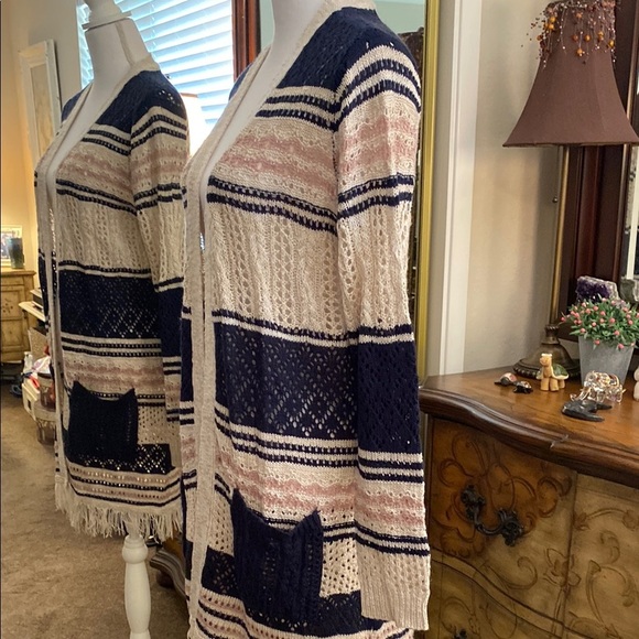 New Directions Cozy Blue and Cream Cardigan - Picture 7 of 13